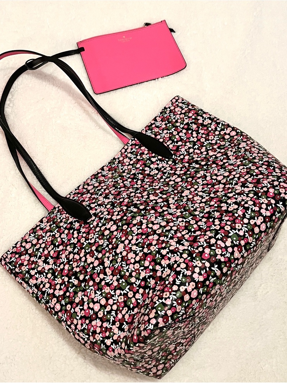 Kate Spade Floral Pink & Black Tote Bag with Removable Pink Pouch